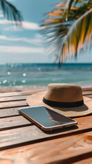 Wall Mural - A serene seaside image with a table holding a straw hat, phone, and sunglasses, set against a blurred sea backdrop with palm trees and blue sky.