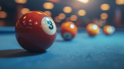 A red number 3 billiard ball stands out on a blue table surrounded by orange and yellow balls in a dimly lit room, likely a bar or club.