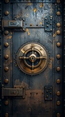 An old rusty metal door shows various security features like latches, a brass lock, and bolts, giving a strong and durable vibe akin to safes or vaults.