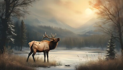 Wall Mural - A buck chirped on the mountain grass, and another deer in the distance, with mountains and trees in the background.