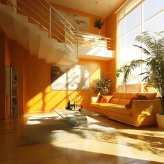 Wall Mural - Modern Living Room with Yellow Walls and Sunlight