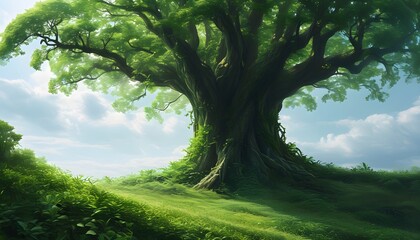 Wall Mural - A huge green tree stands on the vast grassland, surrounded by blue sky and white clouds.