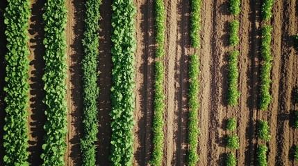 Wall Mural - Aerial drone shot of crop rows with different growth stages, monitored by AI.