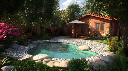 Wall Mural - Backyard Pool with Stone Patio and Cottage