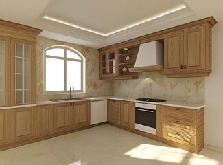 Wall Mural - Modern Kitchen Interior Design with Wooden Cabinets and White Appliances