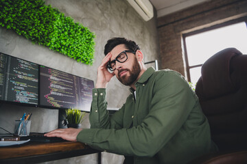 Sticker - Portrait of professional hacker young man headache computer desk loft interior office indoors