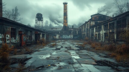 Abandoned industrial factory in gloomy weather - generative ai