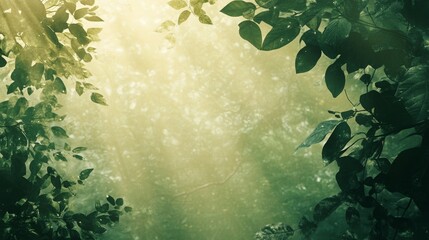 A sunlit background framed by green leaves, symbolizing environmental protection with ample space for text