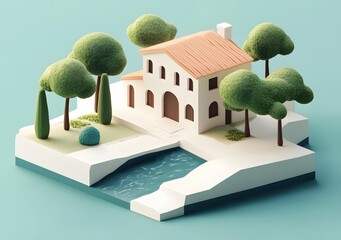 Wall Mural - 3D Minimalist Illustration of a White House with a Brown Roof and Green Trees by a River