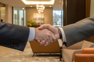 Wall Mural - A professional shakes hands with a client in a contemporary office lobby, emphasizing a successful meeting and partnership