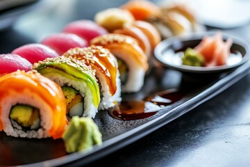 Wall Mural - An artful arrangement of sushi rolls showcases vibrant colors and textures on a black plate, inviting a delightful culinary experience