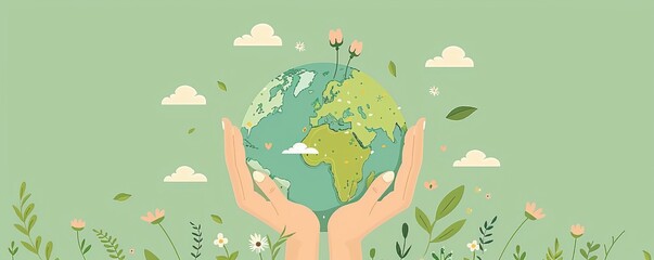 Wall Mural - hands holding earth with flowers and plants in a green background