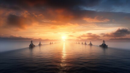 Wall Mural - A large navy ship is sailing through the ocean