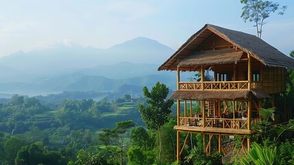 Antique bamboo cabin atop the mountain