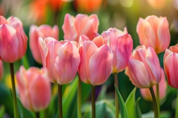 Wall Mural - Beautiful pink tulips are growing in a garden illuminated by the spring sunlight