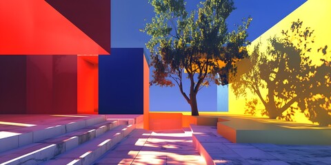 Wall Mural - Minimalist Architecture Design with Tree in a Bright Colored Courtyard