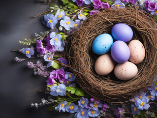 Wall Mural - Happy easter easter painted eggs in the basket on wooden rustic table