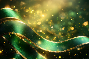 Wall Mural - Green ribbon on background with golden edges and shimmering light for Christmas Day.