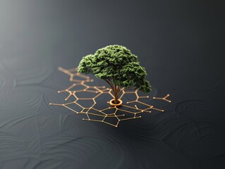 A conceptual tree model on a dark background, symbolizing nature and technology integration through hexagonal patterns.