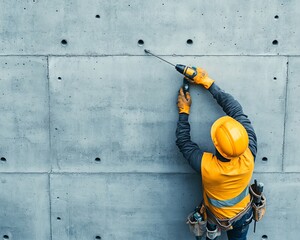 A construction worker drills into a concrete wall, showcasing the importance of safety and precision in building projects.