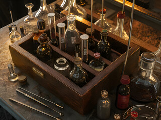 Old wooden chemistry box with pipettes and stirrers