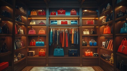 The closet showcases an impressive collection of colorful designer handbags and elegant attire in a richly decorated space