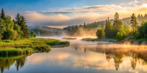 Wall Mural - Foggy summer morning in the Lowell River Valley close up, fog, nature, low light, morning, tranquility, reflection, serene, peaceful, low visibility, mist, ethereal, river, valley, calm