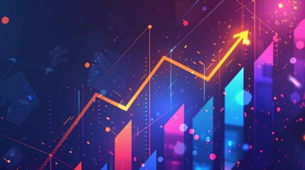 Fototapete - Animation of a business infographics with rising arrows and bar stats symbolizing growth and success, with glitch and noise digital effects