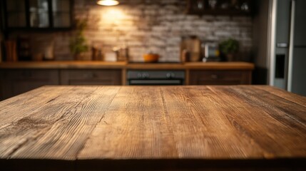 Canvas Print - A wooden table in a kitchen with some lights on, AI