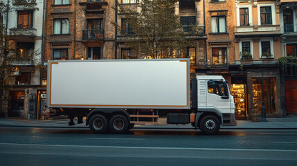 Empty white truck mockup driving through a bustling city street, the blank side panel ready for branding or advertisement placement, with urban architecture in the background.