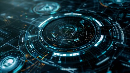 Fototapete - A circle shaped head up display interface target pointer for a futuristic cyber technology concept that incorporates a dark and grainy texture