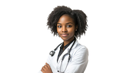 Portrait of a young African American female doctor on transparent background