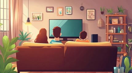 Wall Mural - A family watching tv in a living room with plants and furniture, AI