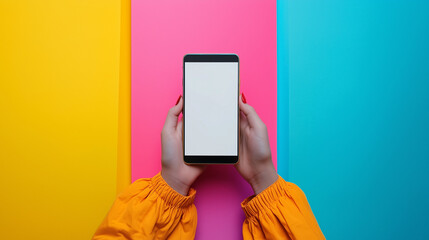 Woman hands holding smartphone with blank empty screen with copy space for advertising, app or website. Concept of online sales, online sale, mobile phone mockup. Colored background.