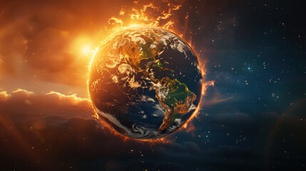 Wall Mural - a fiery ring of light engulfs the earth, signifying a possible disaster, while the sun shines bright