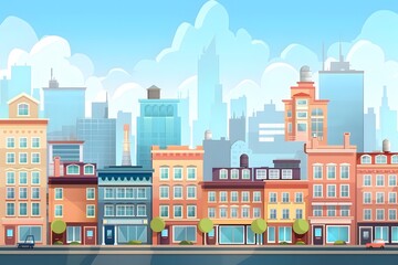 Wall Mural - Colorful Cartoon City Skyline with Buildings and Blue Sky