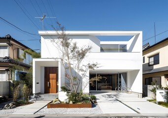 Wall Mural - Modern White House with Wooden Door and Gravel Yard