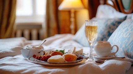 Canvas Print - A tray of a glass and some food on the bed, AI