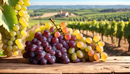 Wall Mural - Bunch of grapes and vine leaf in basket on wooden table against green spring background