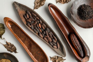 Poster - Roasted cocoa beans and cocoa powder displayed with dry leaves in wooden bowls on white tabletop