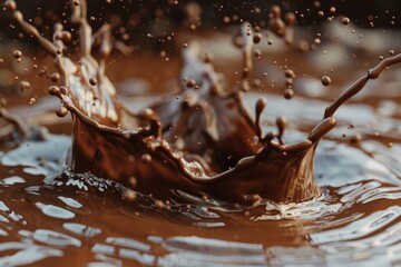 Wall Mural - Crown shaped splash is forming on chocolate surface with drops in the air