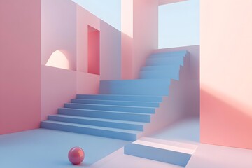 Wall Mural - Abstract Pastel Pink and Blue Staircase Minimalist Illustration