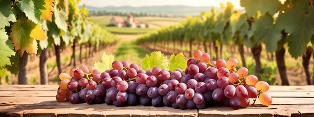 Poster - Bunch of grapes and vine leaf in basket on wooden table against green spring background