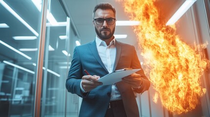 Wall Mural - Confident man standing in a chaotic office engulfed in flames, creating a dramatic and intense scene.