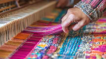 Wall Mural - Detail of a hand weaving loom with colorful fabric being crafted by a skilled weaver