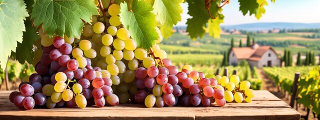 Poster - Bunch of grapes and vine leaf in basket on wooden table against green spring background