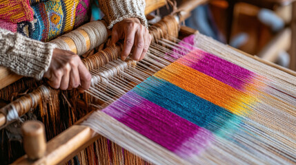 Wall Mural - Detail of a hand weaving loom with colorful fabric being crafted by a skilled weaver