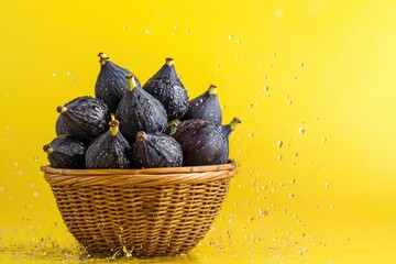 Fresh figs in a wicker basket with water drops flying over yellow background.