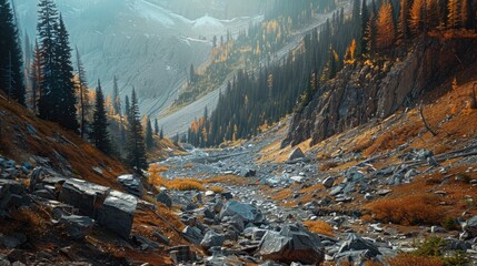 Poster - Autumn hues peek through evergreen trees in a mountain valley littered with rocky avalanche remnants