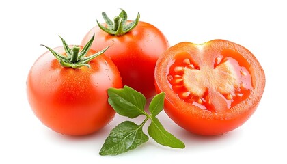 Wall Mural - Freshly Harvested Red Tomatoes with Green Leaves on White Background